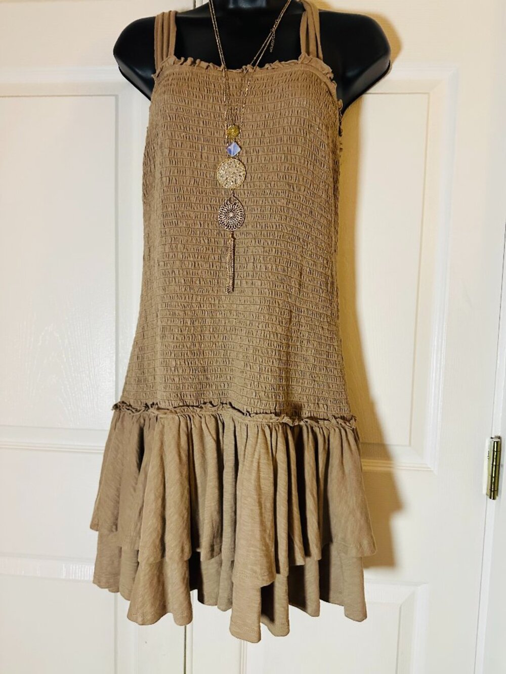 American Eagle Tan Smocked Ruffle Tiered Mini Dress Size Medium